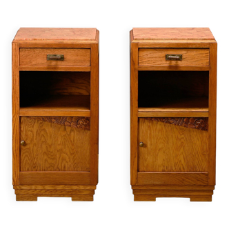 Pair of French Art Deco Nightstands / Bedside Tables oak and marble, 1930s