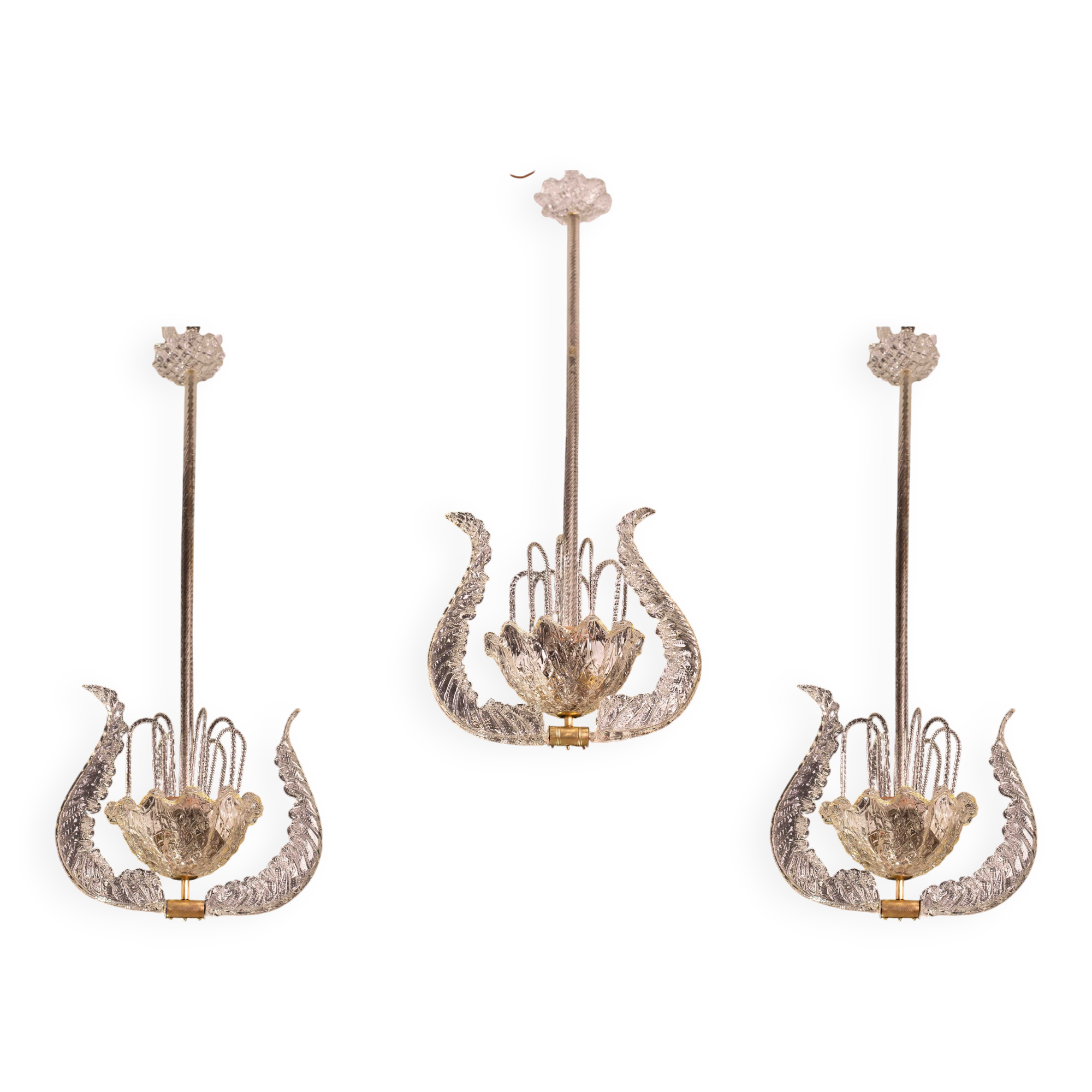 Set of 3 Art Decò Fountain Chandelier By Barovier e Toso, Murano Glass, 194