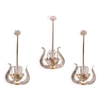 Set of 3 Art Decò Fountain Chandelier By Barovier e Toso, Murano Glass, 194