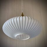 Large Scandinavian pendant light in striated opaline and brass from the 60s