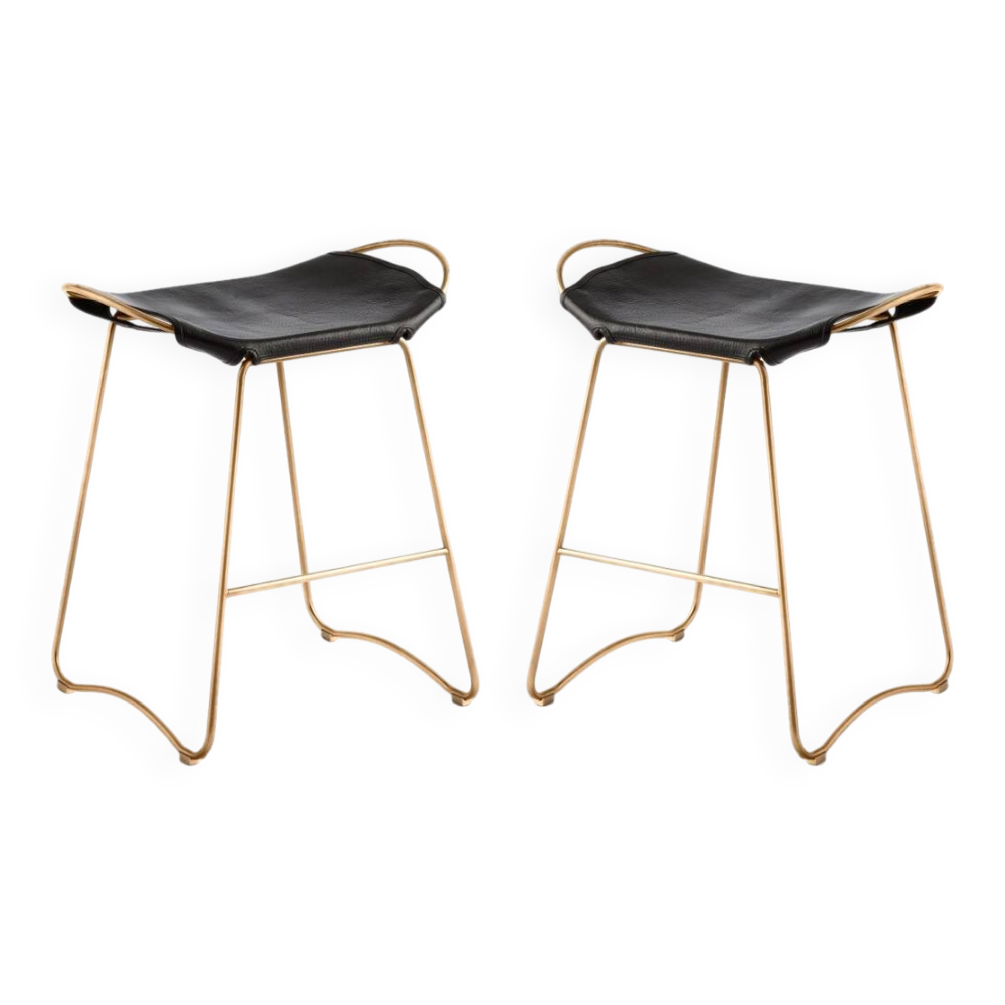 Pair of contemporary kitchen bar stools, in metal and black leather.