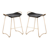 Paire de tabourets de bar de cuisine contemporains, en métal et cuir noir
