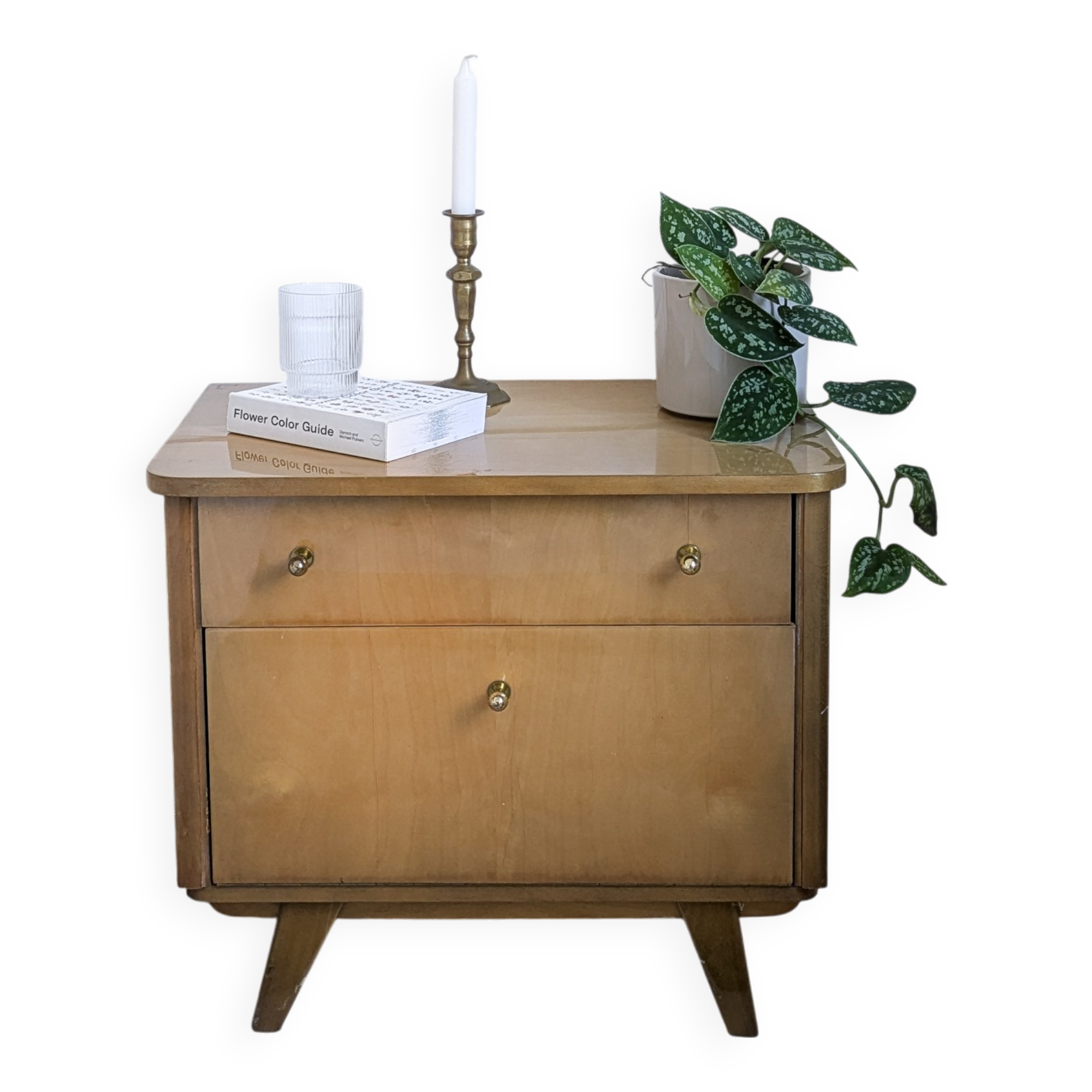 Table de chevet vintage en bois avec tiroir et placard, années 50