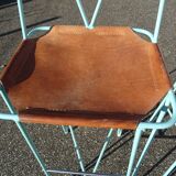 Pair of high bar stools leather and turquoise metal bar stools