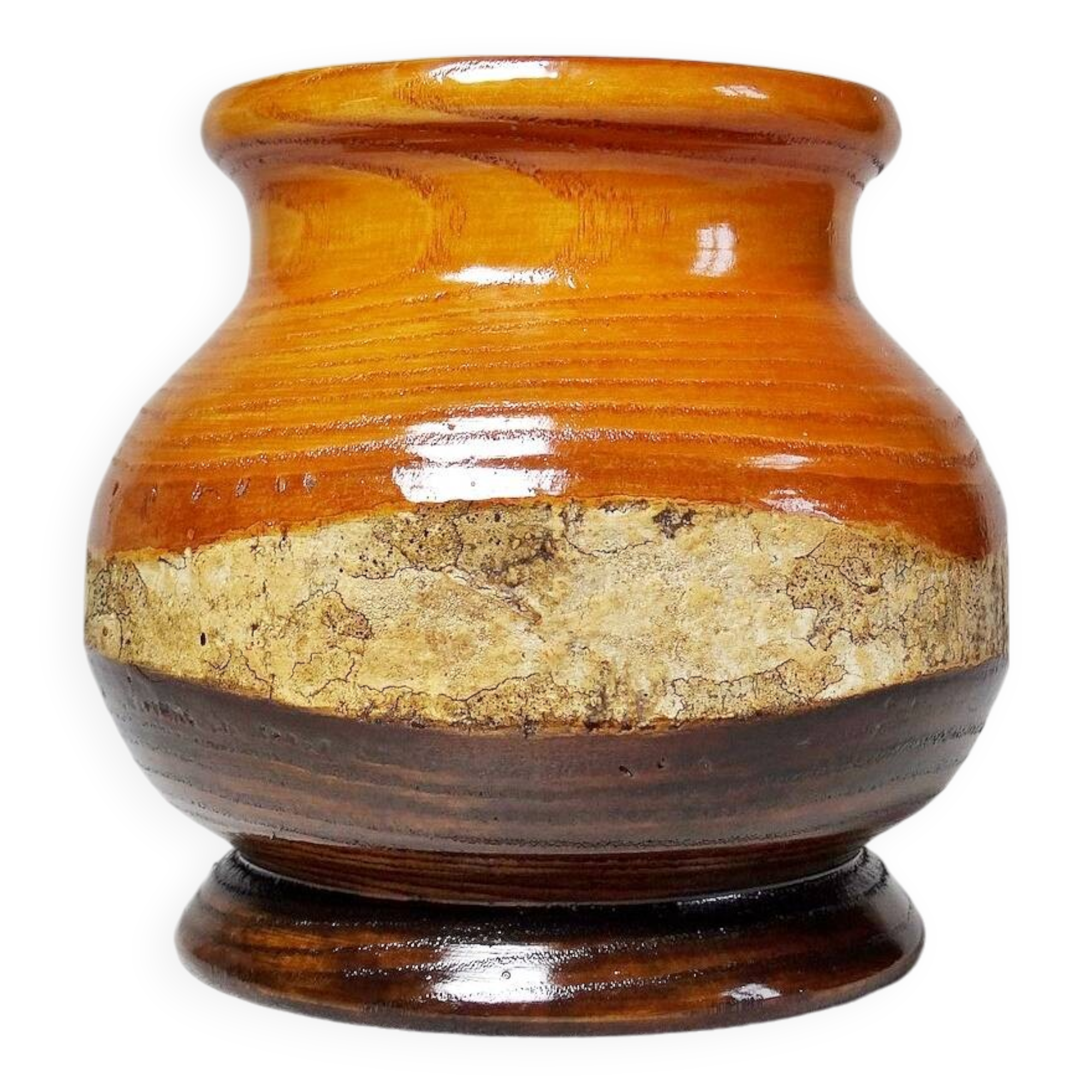 Small turned wooden vase, Brutalist, two-tone varnished with bark