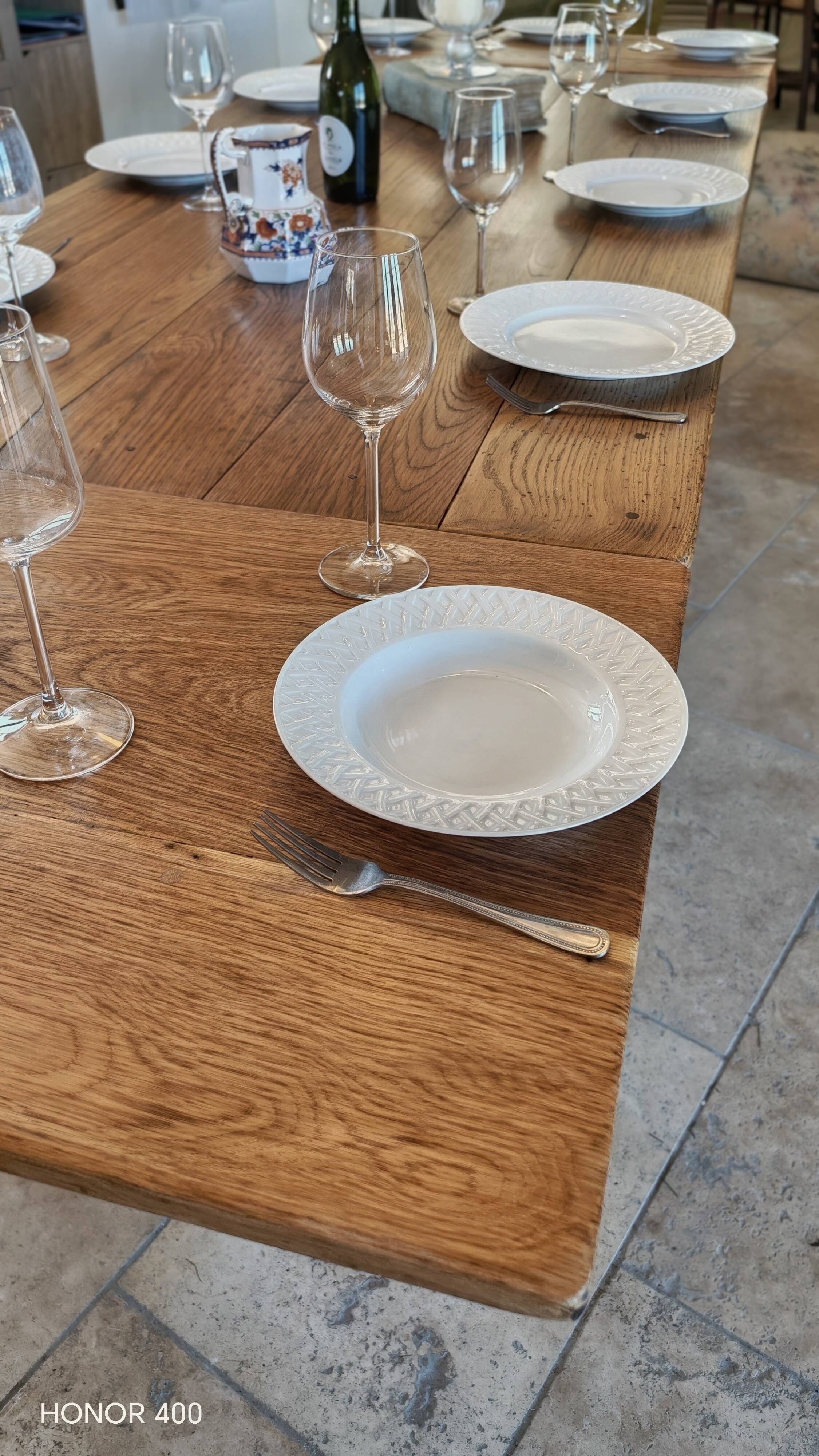 Table de ferme en chêne massif ,2 tiroirs, 2 rallonges,