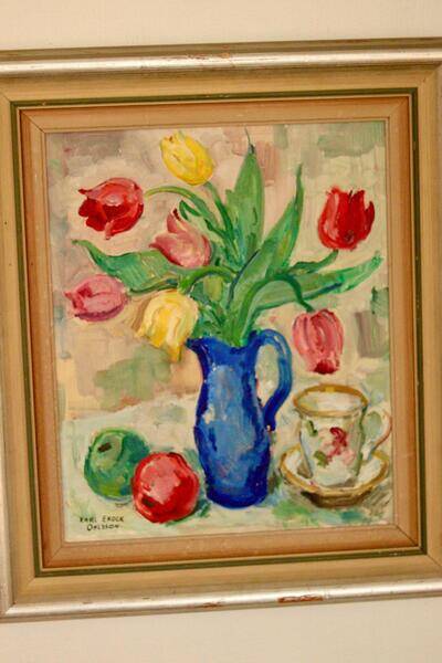 Original mid-century Swedish oil on panel – “Tea” by Karl Enoch Ohlsson – vintage & framed – 56 × 64 cm