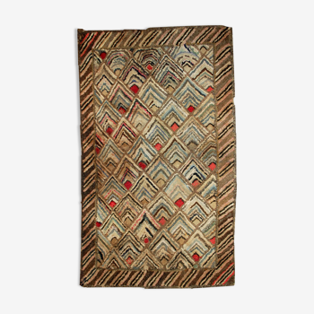 Old american carpet hooked handmade 61cm x 91cm 1900s