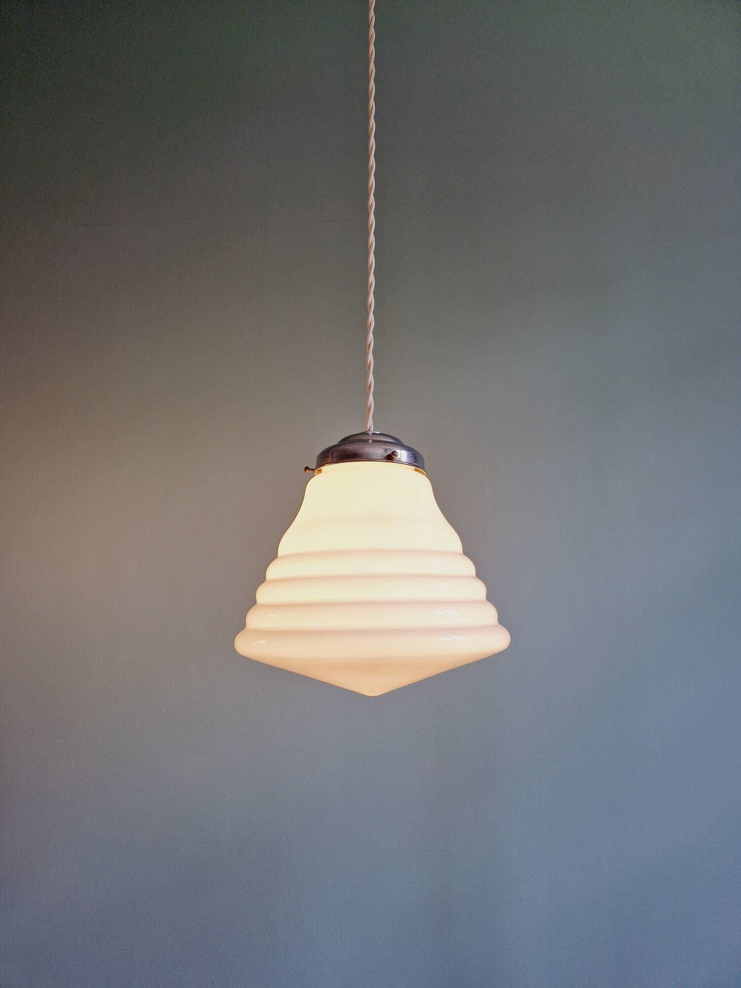 Art Deco conical pendant light in white opaline, 1920s-30s
