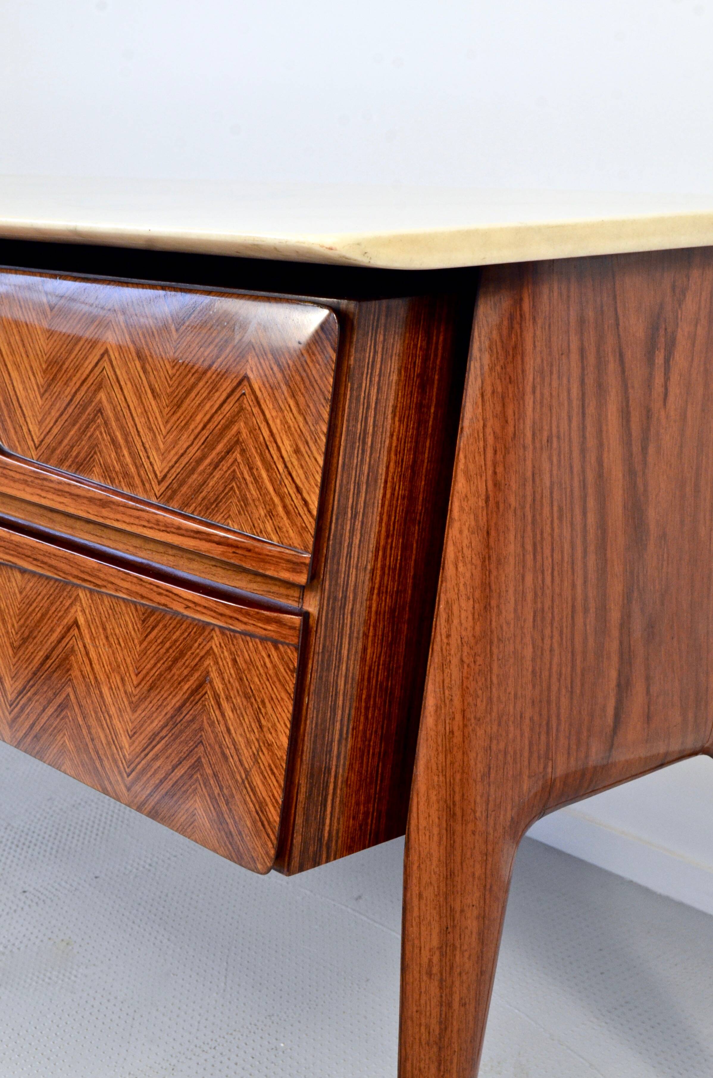 Italian Midcentury Sideboard in Rosewood, Carrara Marble and Brass