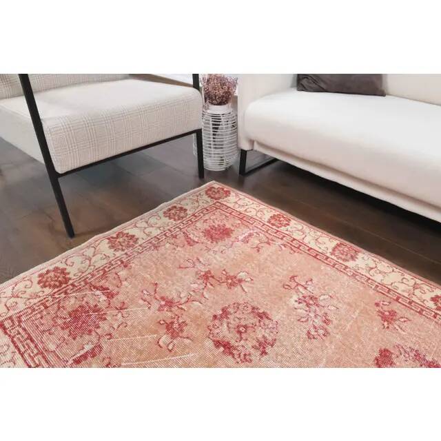 Vintage Turkish Oushak Handmade Wool Cotton Pink Area Rug 115x211