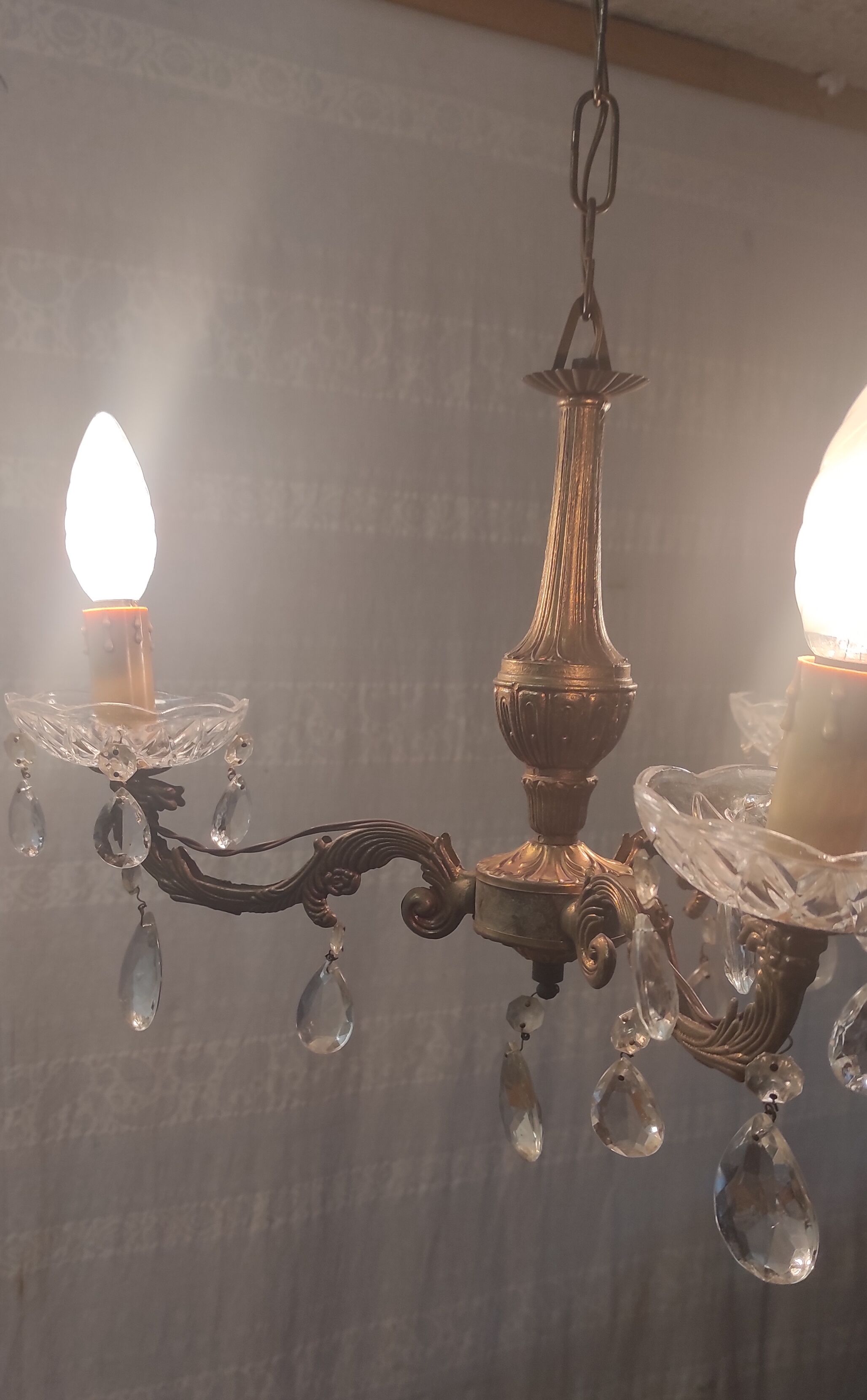 3-burner chandelier in brass and glass – 70s/80s