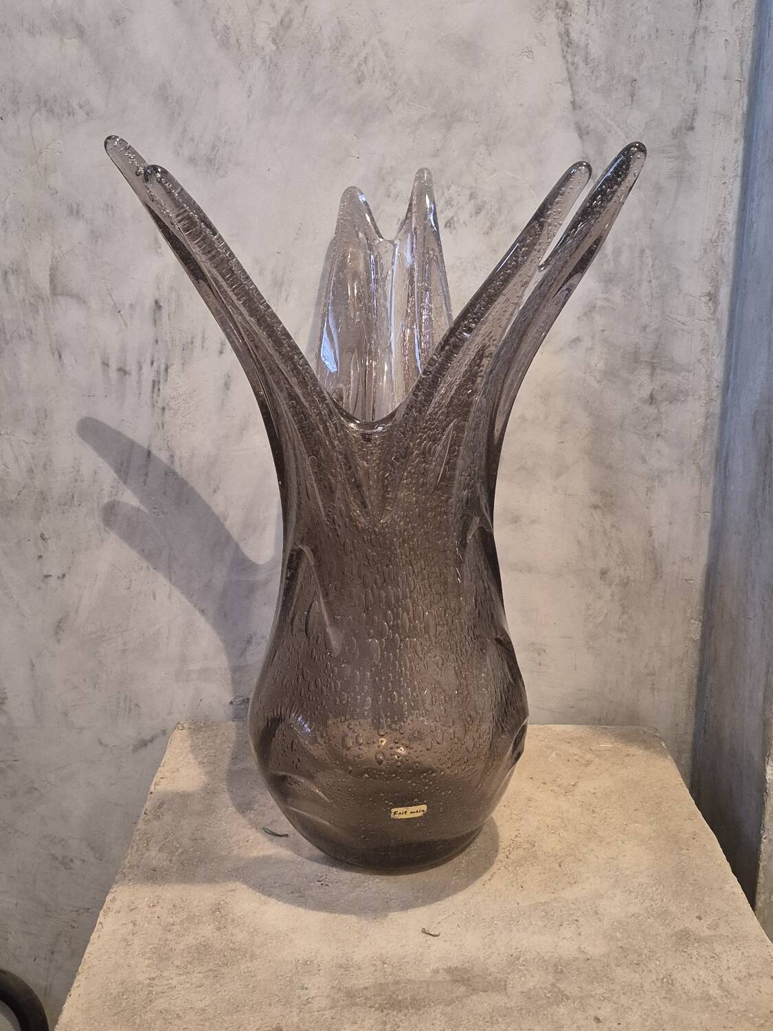 Vintage large blown glass vase with bubbles in mauve.