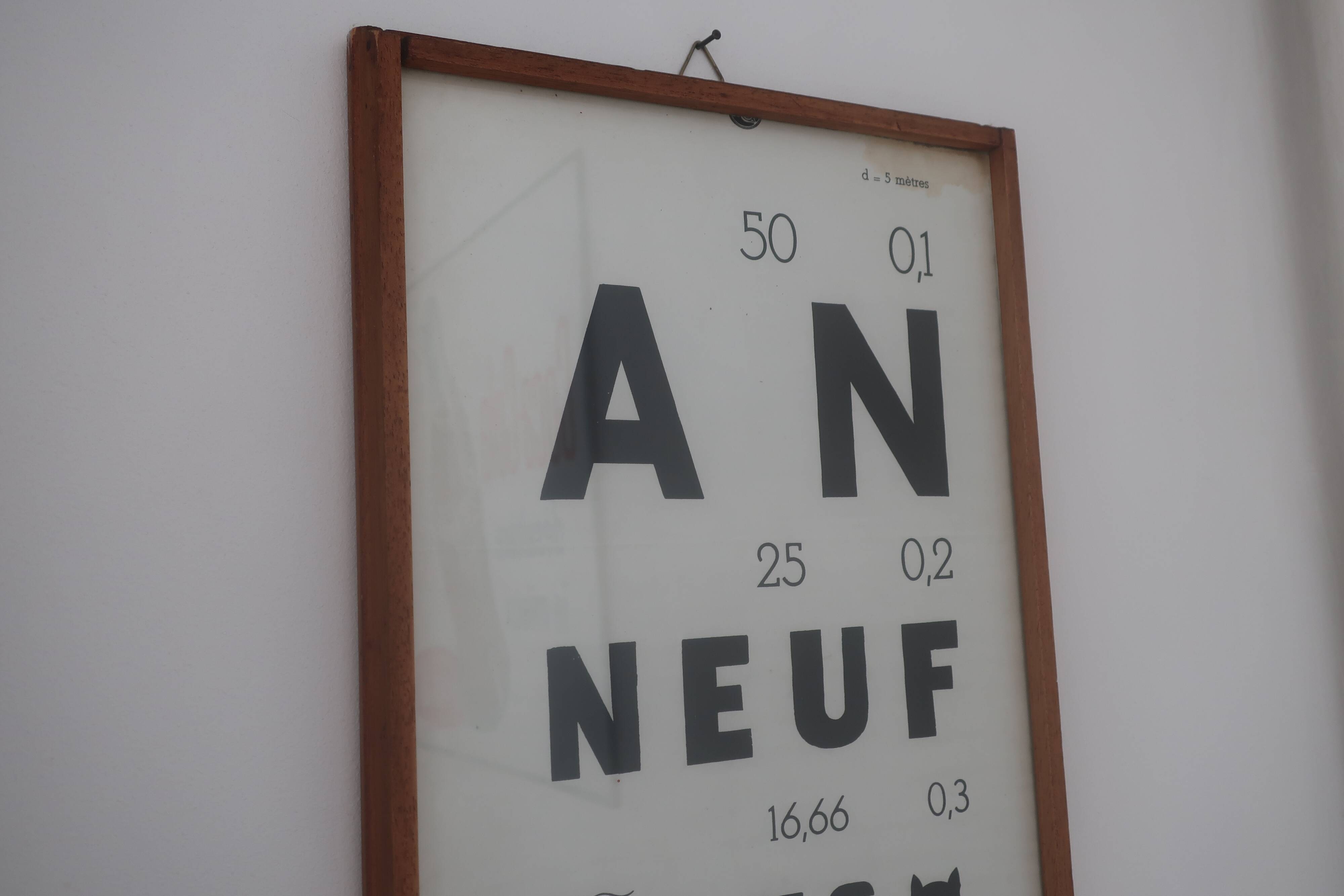 Old optical advertising poster, monoyer scale, framed