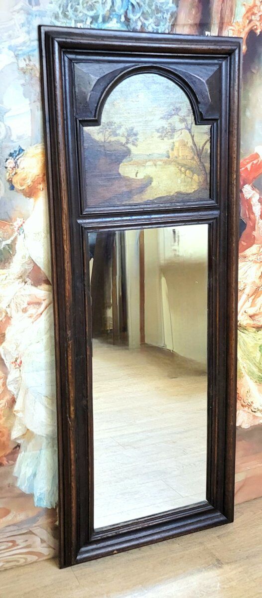 Large trumeau in natural wood with oil painting on panel.