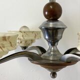 Art Deco chandelier in wood, chrome metal, and glass.