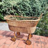 Vintage rattan Alsatian doll cradle bassinet