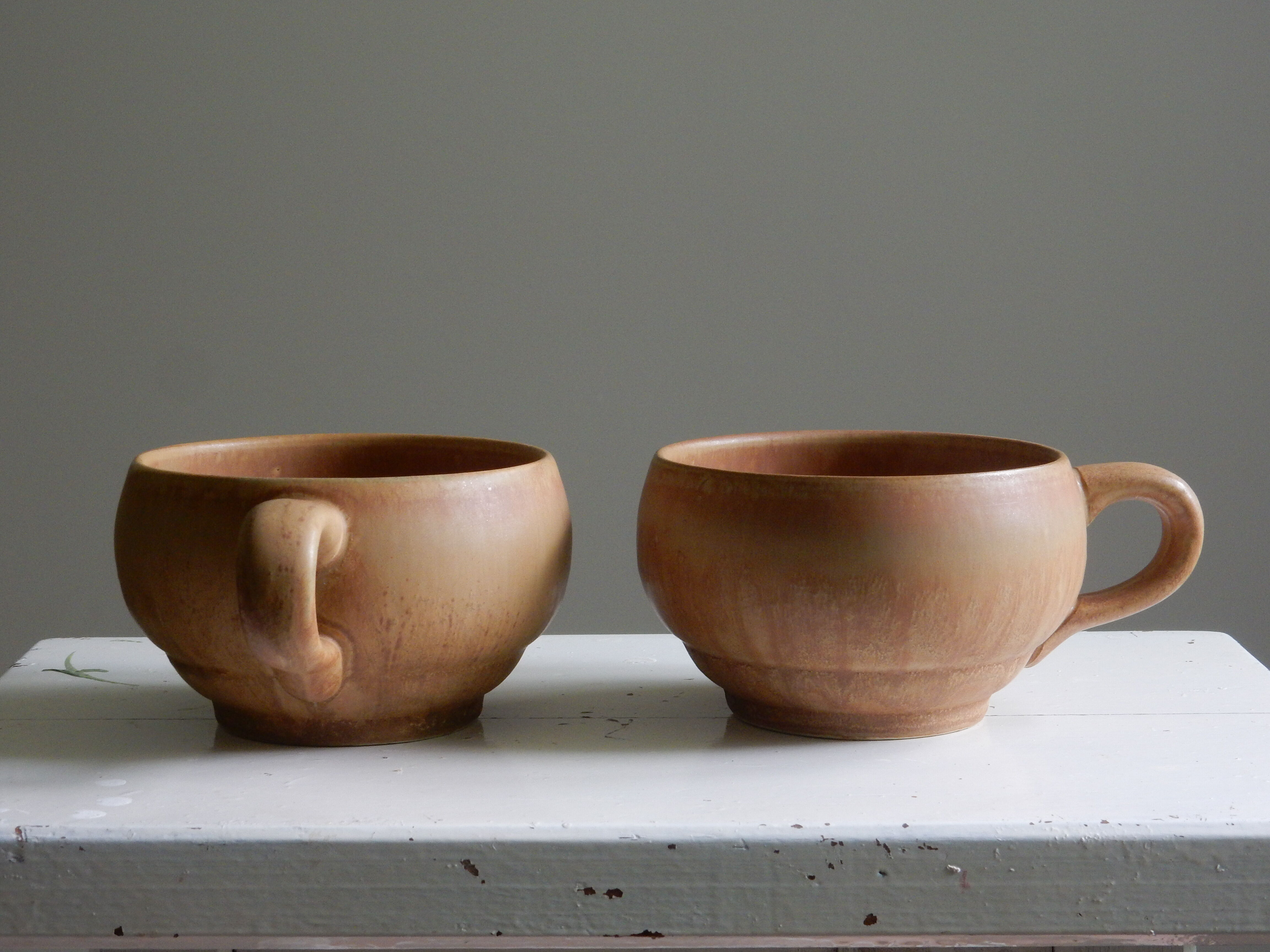 2 enamelled sandstone cups made in France, Rhodaceram 58