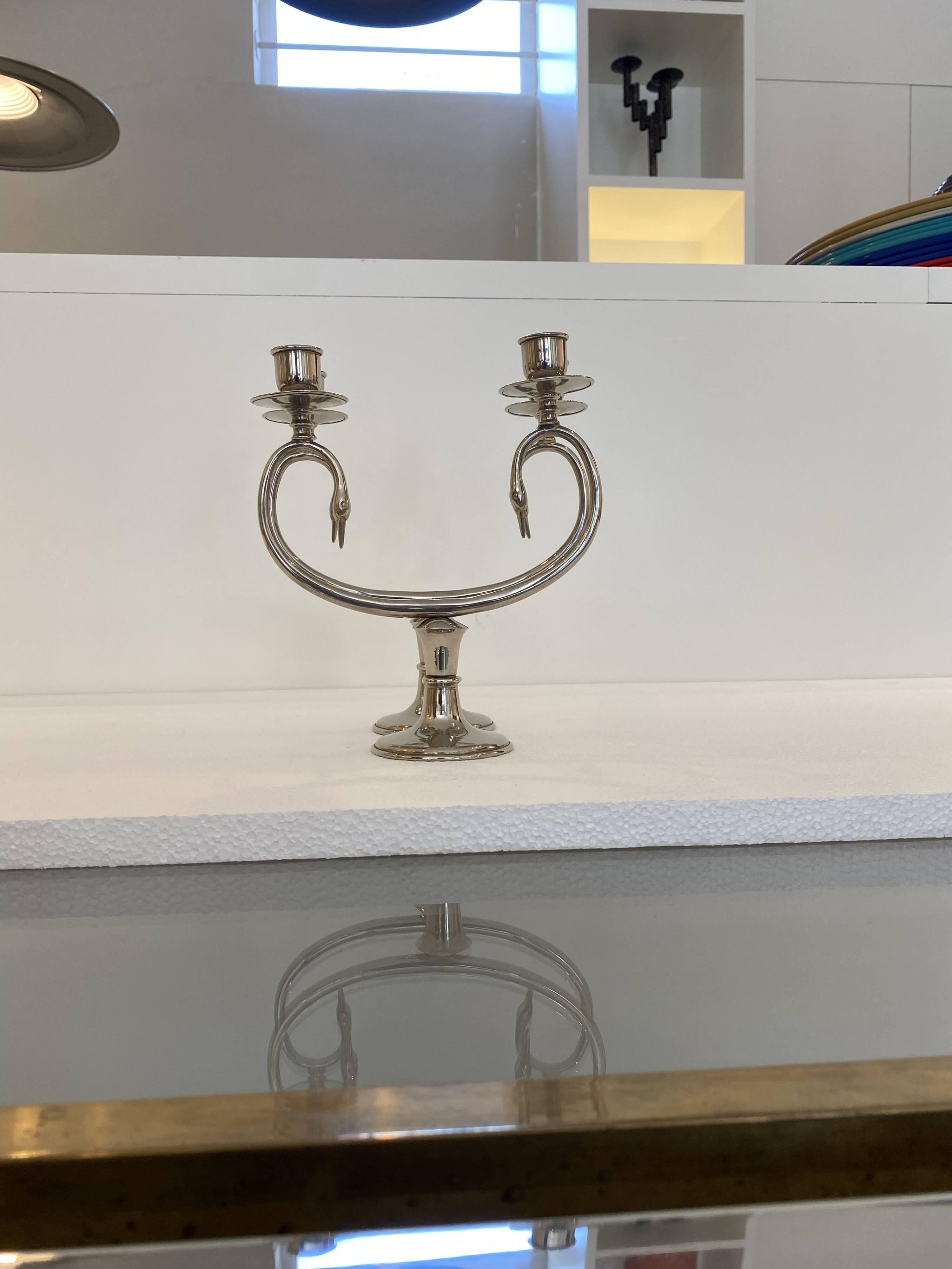 Silver Plated Pair Double Swan Candelabra Candleholders Sculptural 1970s