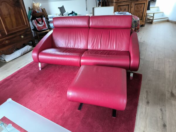 Canapé 2 places & pouf, steiner faubourg cuir rouge