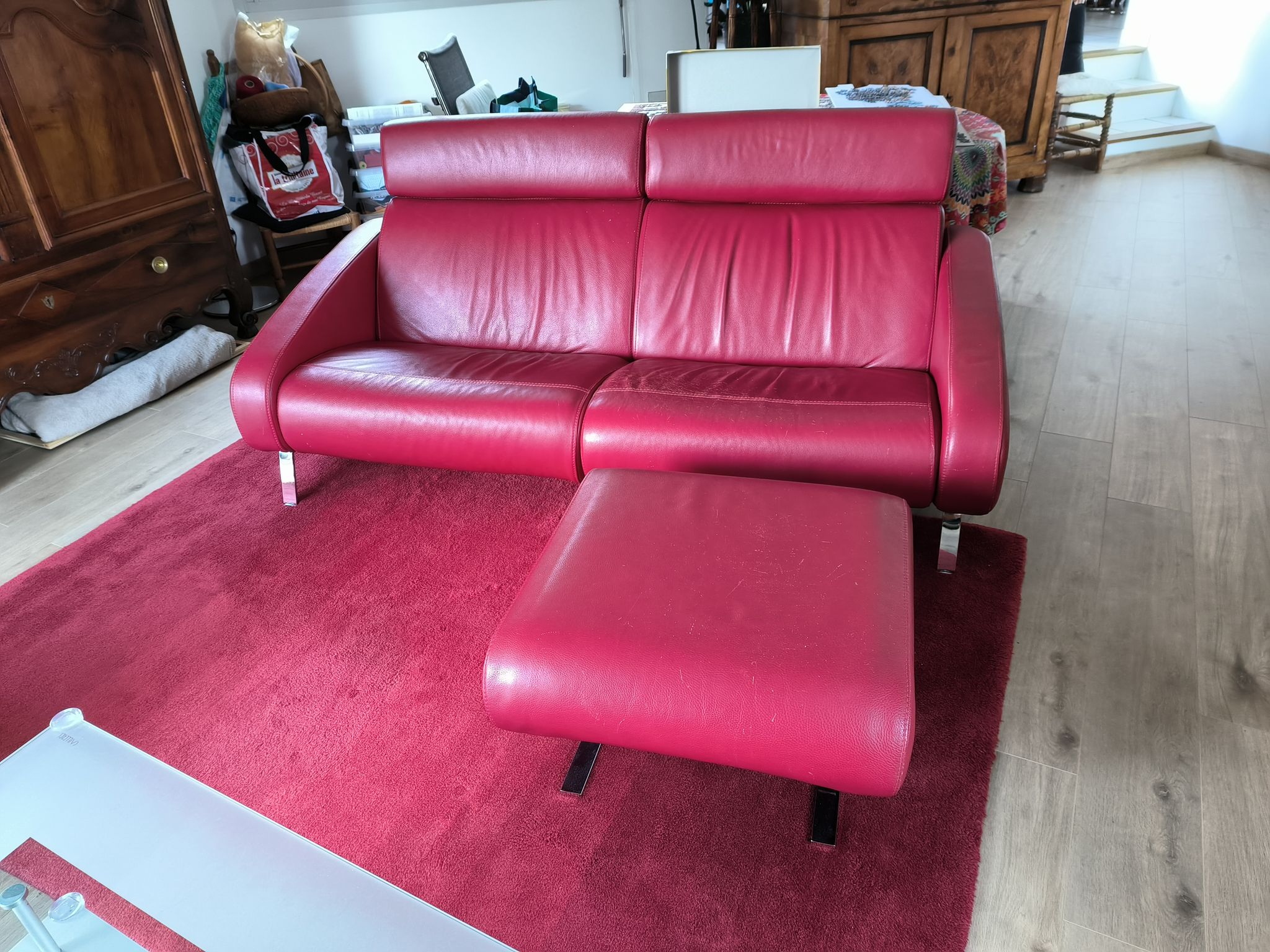 2-seater sofa & pouffe, Steiner Faubourg red leather