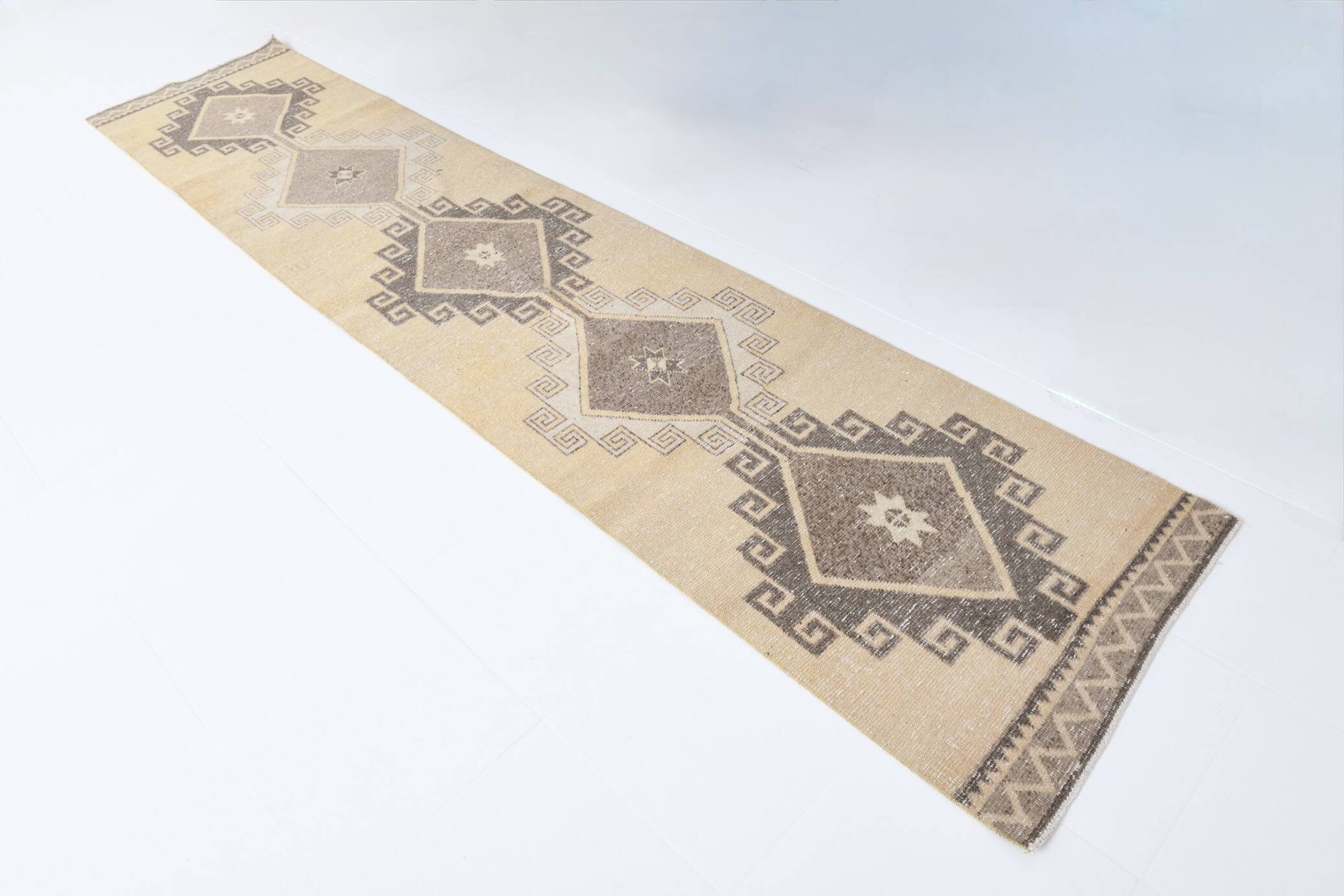 Cream Brown Oriental Turkish Runner Rug, 80x373Cm