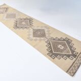 Cream Brown Oriental Turkish Runner Rug, 80x373Cm