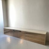 Ivory lacquered sideboard with polished finish and smoked mirror, JC Mahey design 1970.