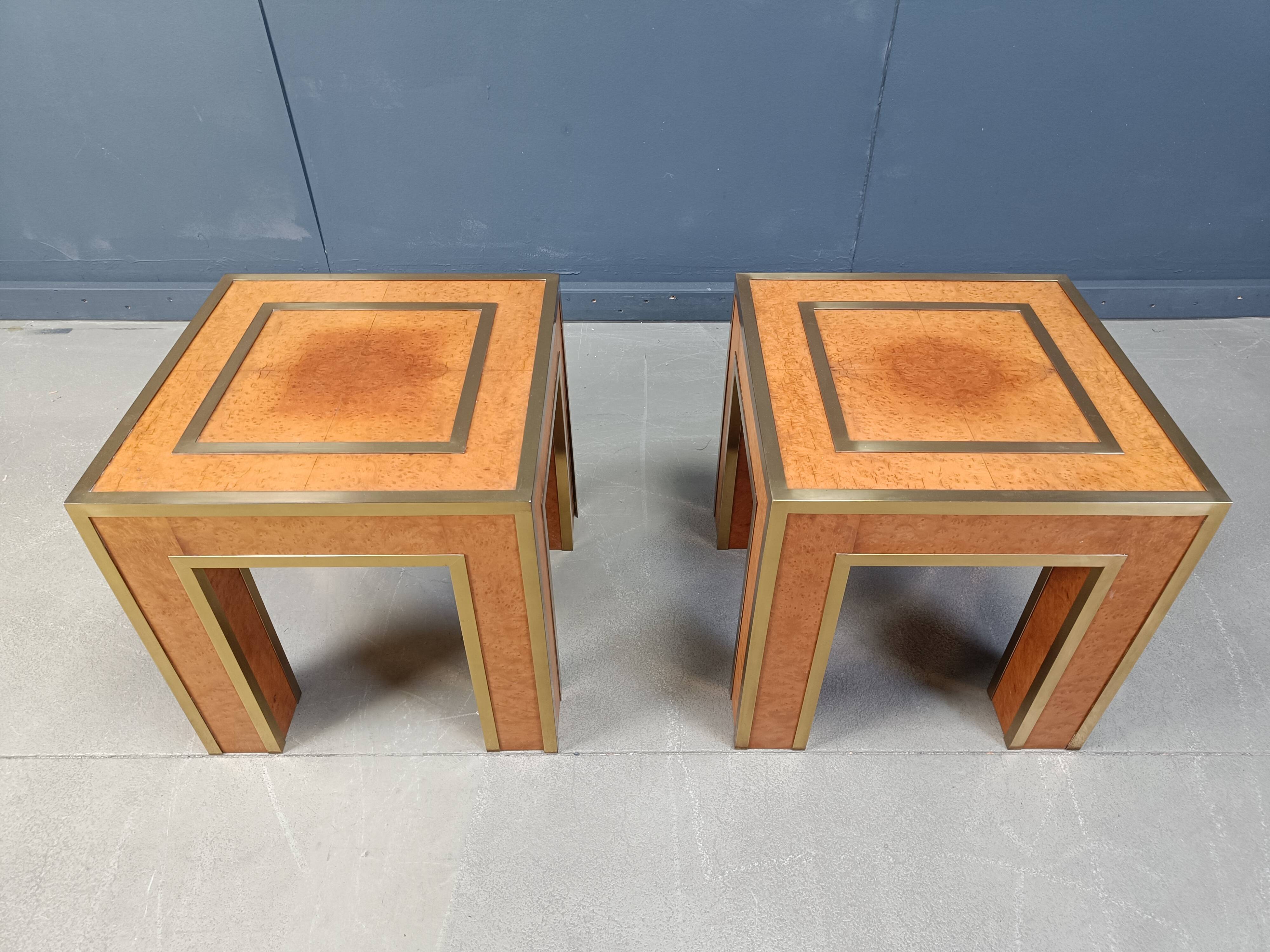 Pair of brass and burl wood side tables, 1980s