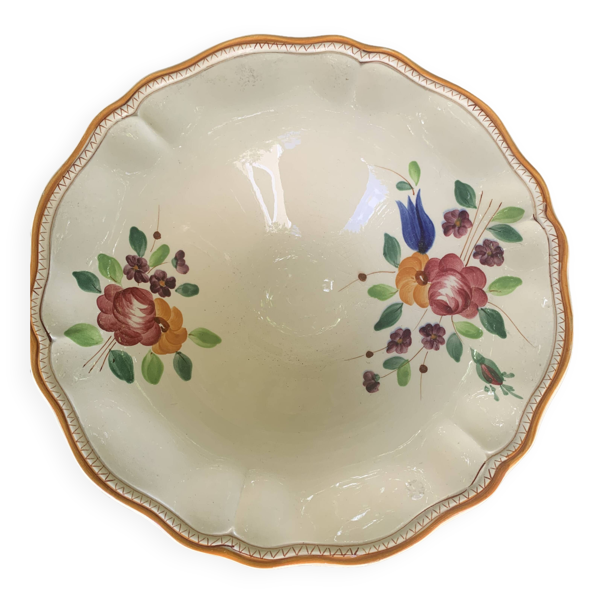 Earthenware fruit bowl with hand-painted flowers, old