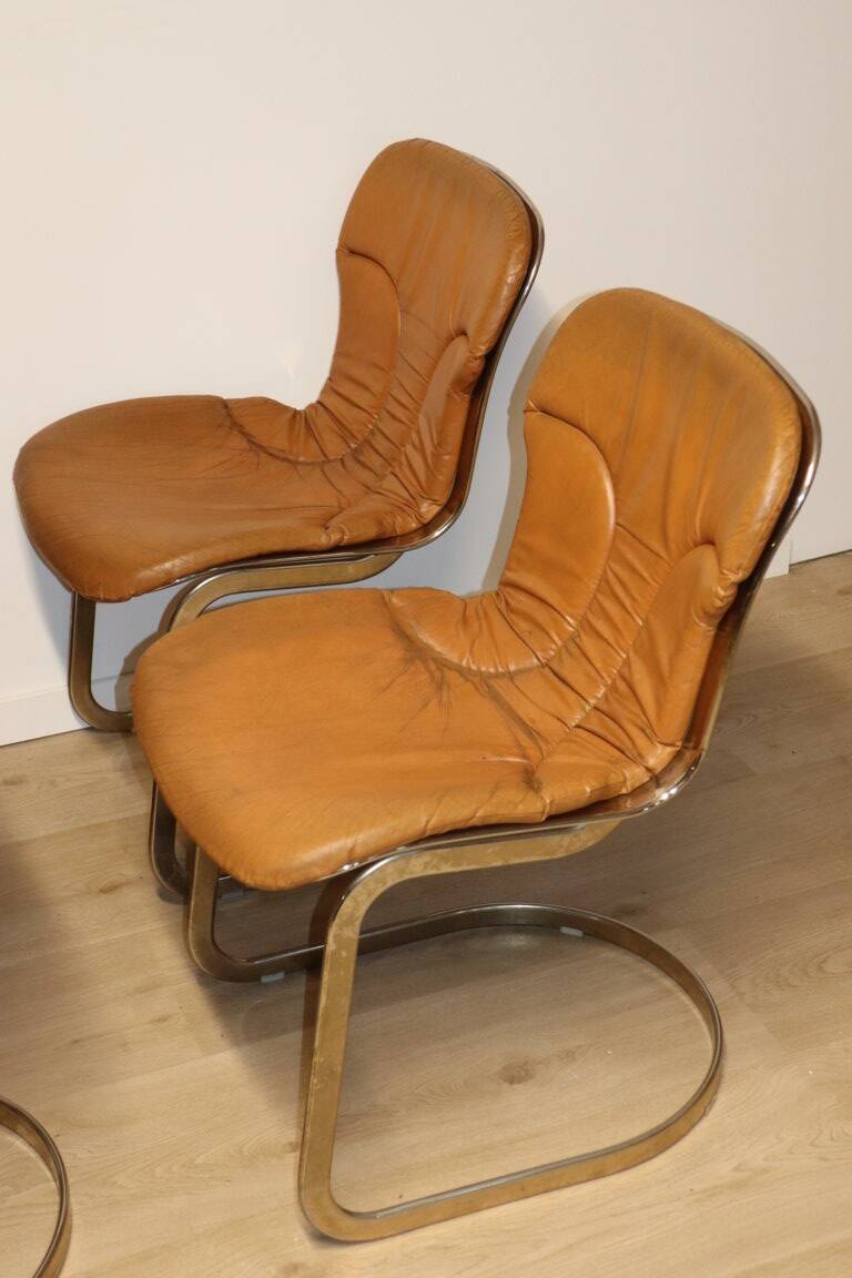 Series of 6 vintage Cidue Italy chairs in leather and metal, 1970s