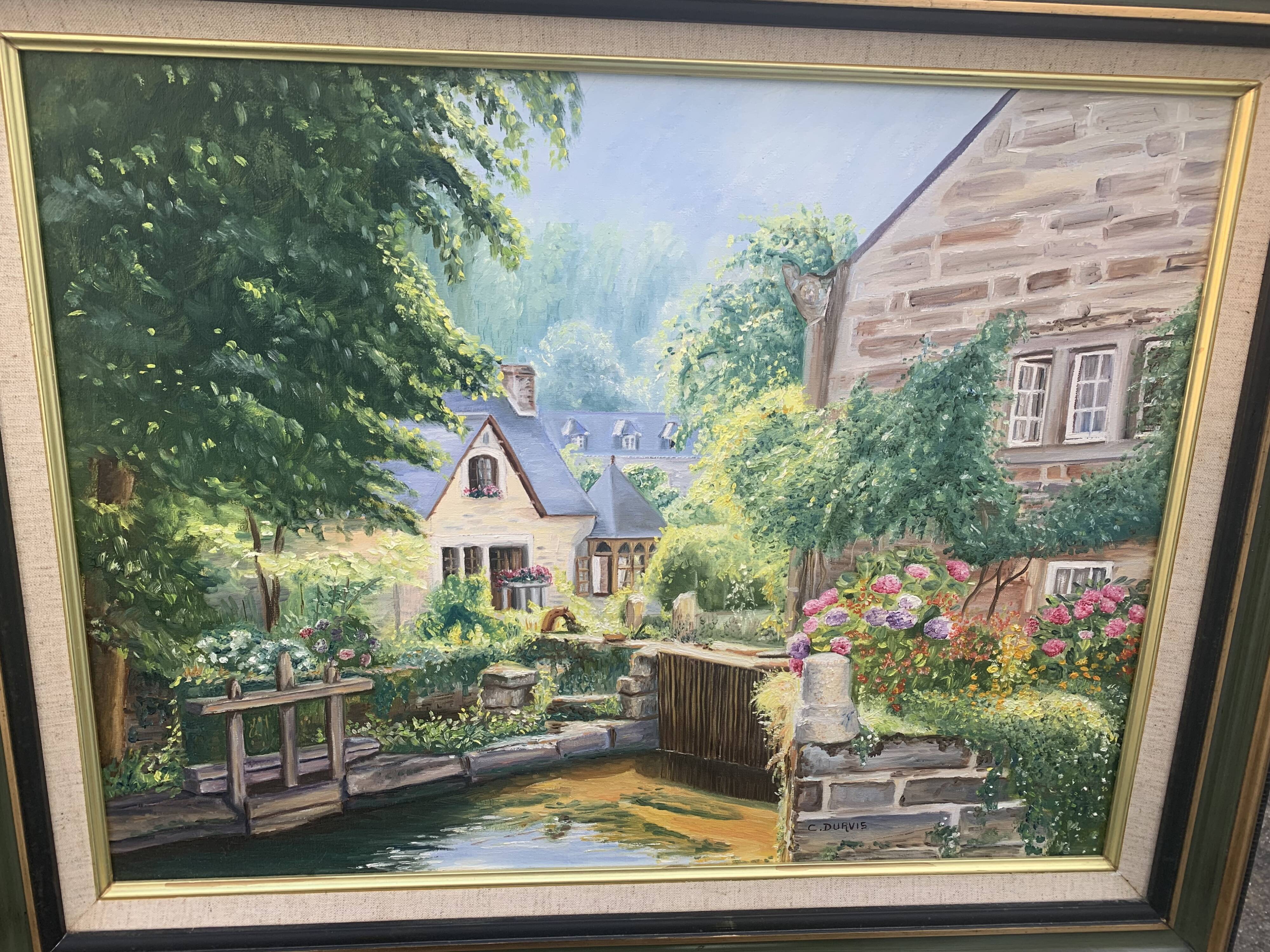 Painting painting on canvas framed bridge aven Bretagne by Christine durvis vintage