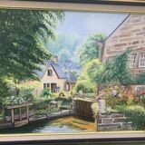 Painting painting on canvas framed bridge aven Bretagne by Christine durvis vintage