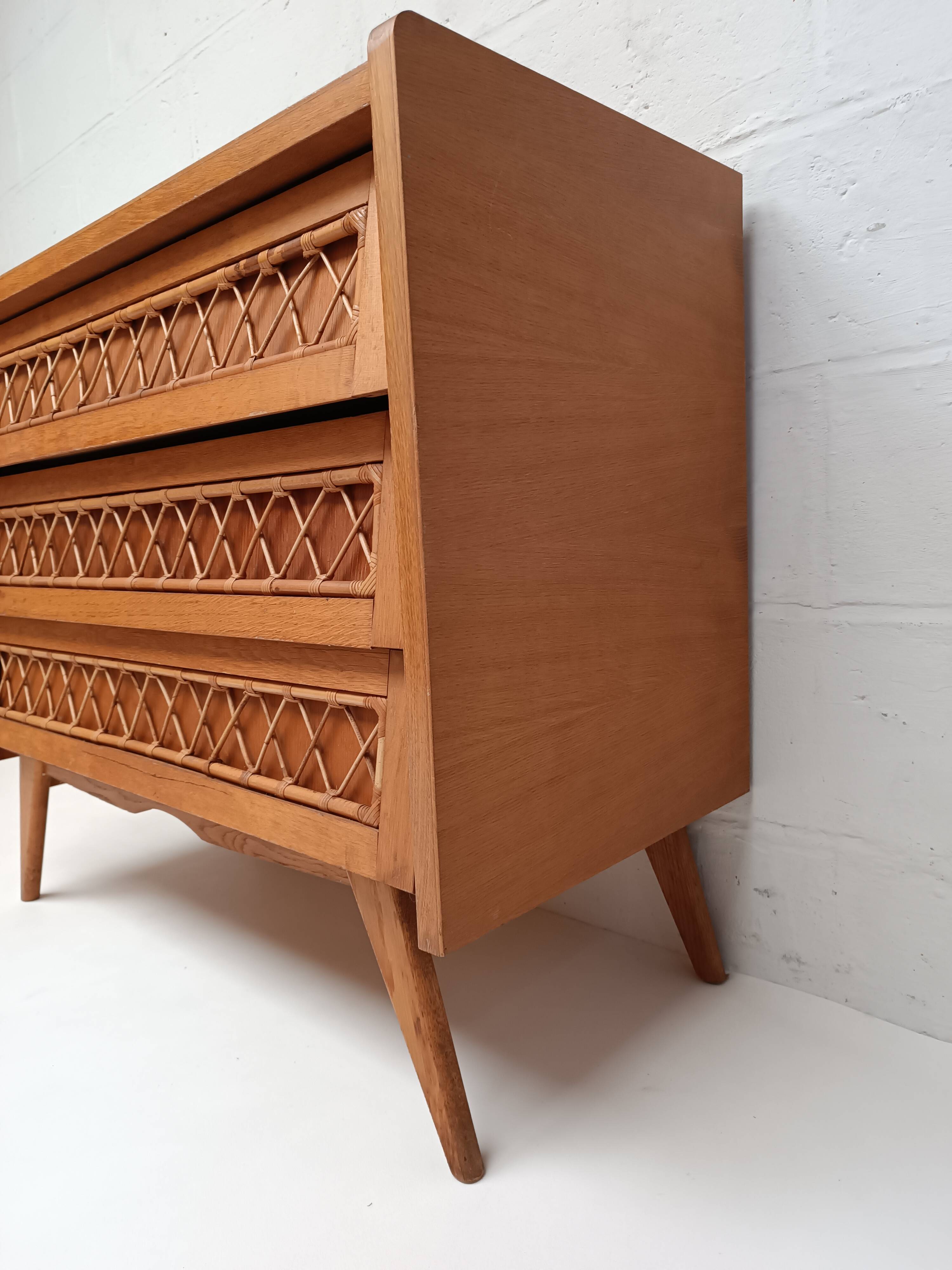 Vintage wood and rattan chest of drawers