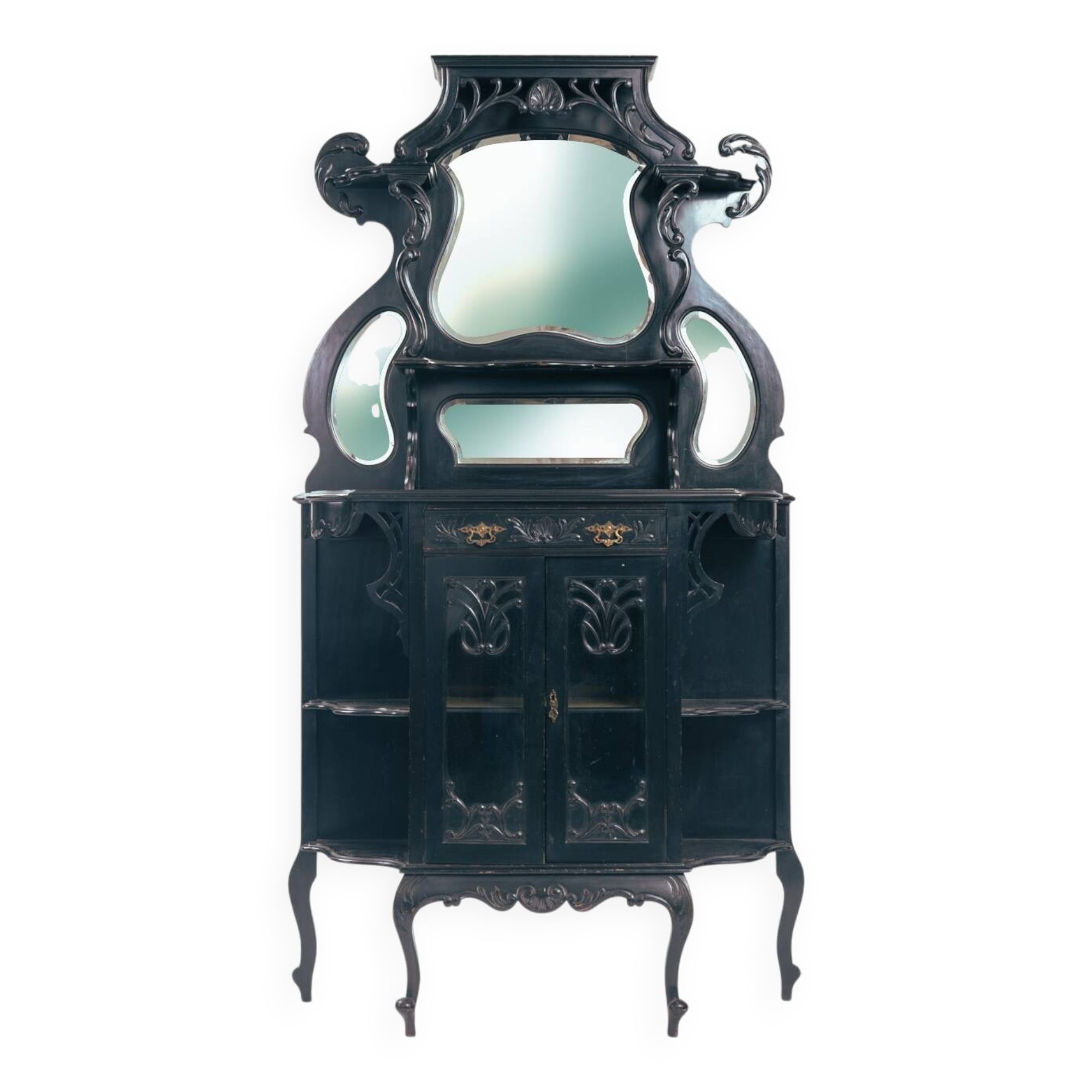 Arts crafts parlour glass display cabinet black ebonised chippendale england