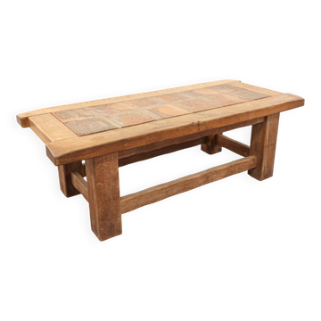 Brutalist Oak Coffee Table with Red Terracotta Tiles, 1950s