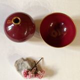 Raspberry-colored ceramic soliflore vase and bowl, enhanced with gilding, Arabia, Finland