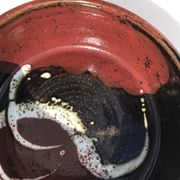 Artisanal sandstone dish signed Guibert red brown decorated