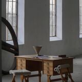 Pair of Danish mid-century folding stools with sheepskin upholstery, 1960.