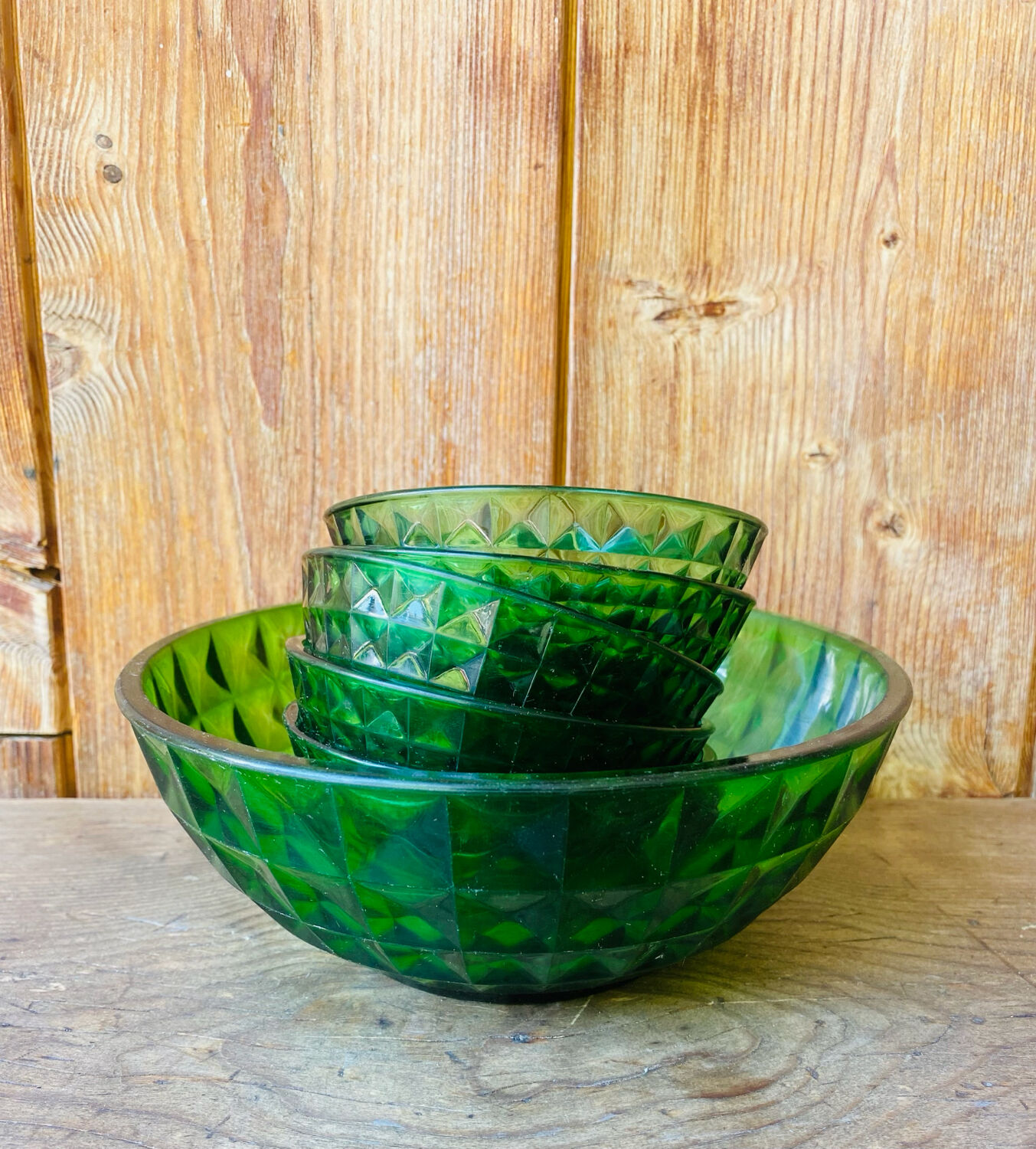 Vintage green Duralex salad bowl and ramekins.