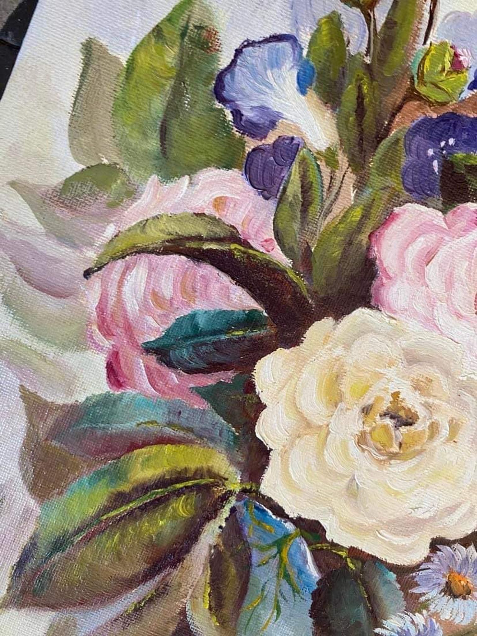 Oil painting bouquet of flowers in a vase.