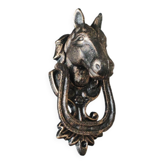 Antique style door knocker/knocker. Horse head/Horseshoe. Cast iron with old gold patina