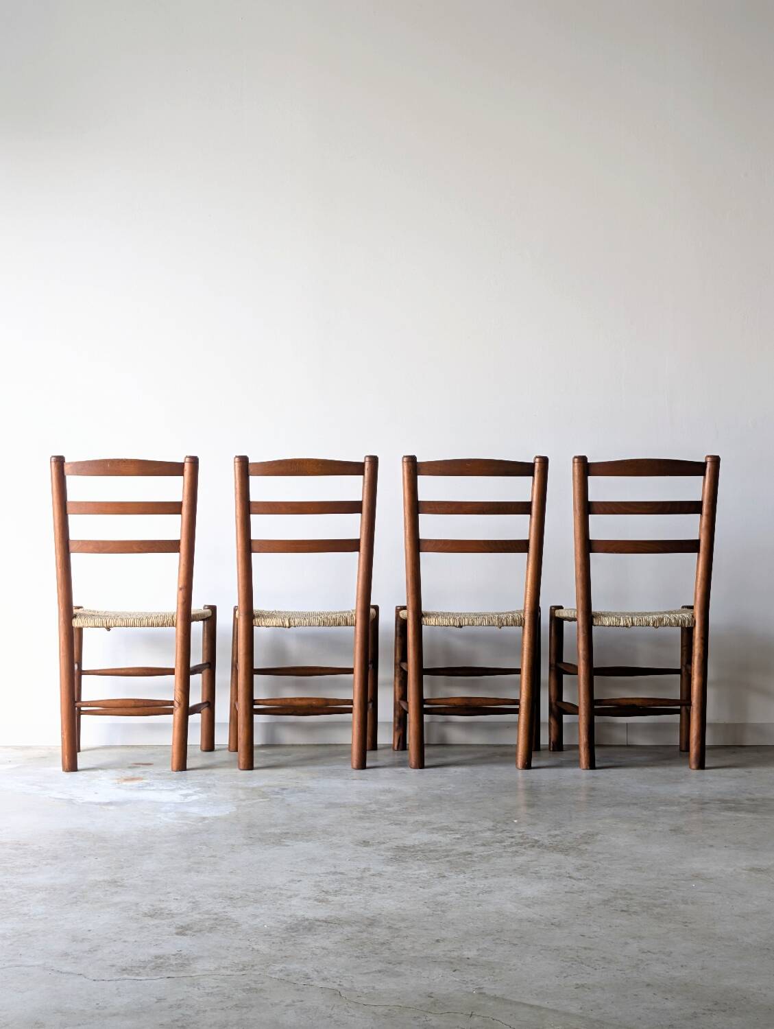 4 vintage brutalist chairs, wood & rope, Sentou / Perriand, 1960