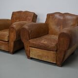 Pair of French club chairs with moustache back in cognac leather, 1940s