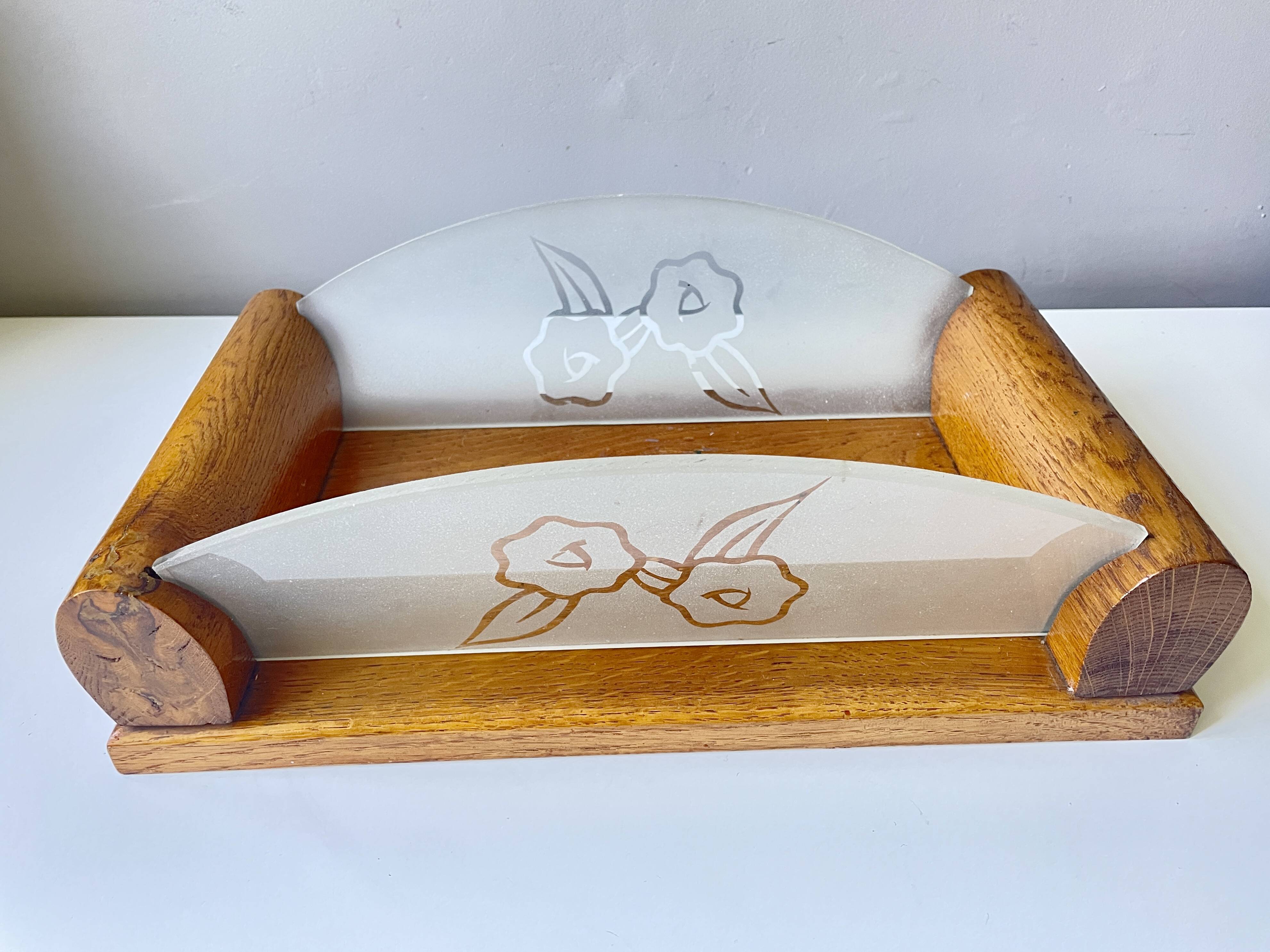 Plateau fleurs rétro 1950 bois et verre