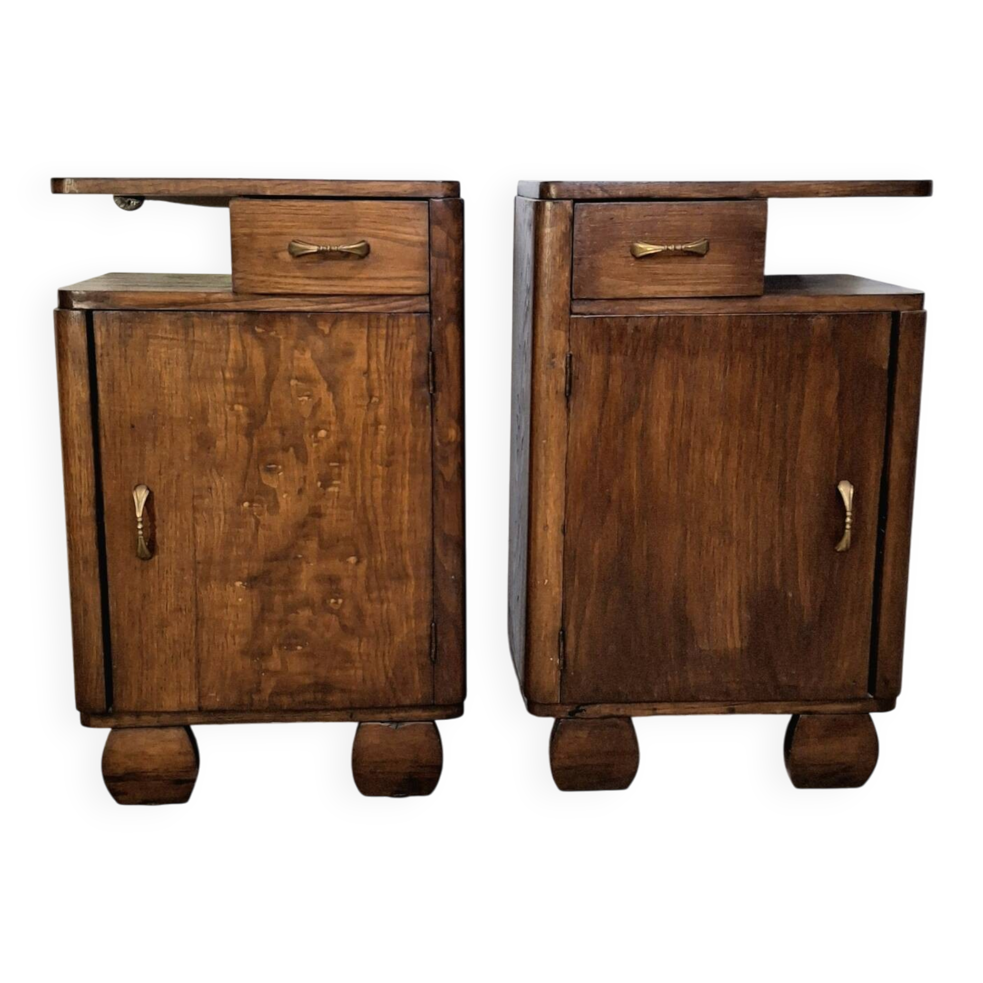 Vintage Art Deco Nightstands Pair Wooden Bedside Tables with Brass Har