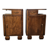 Vintage Art Deco Nightstands Pair Wooden Bedside Tables with Brass Har