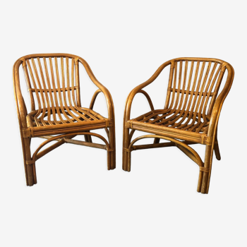 Duo of rattan armchairs with cushions