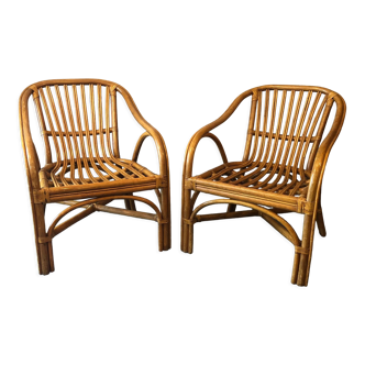 Duo of rattan armchairs with cushions