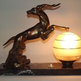 Vintage french art deco gazelle lamp black marble base round glass shade 3956